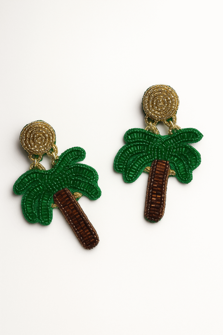 Beaded earrings shaped like palm trees with green leaves and brown trunks, attached to gold circular tops.