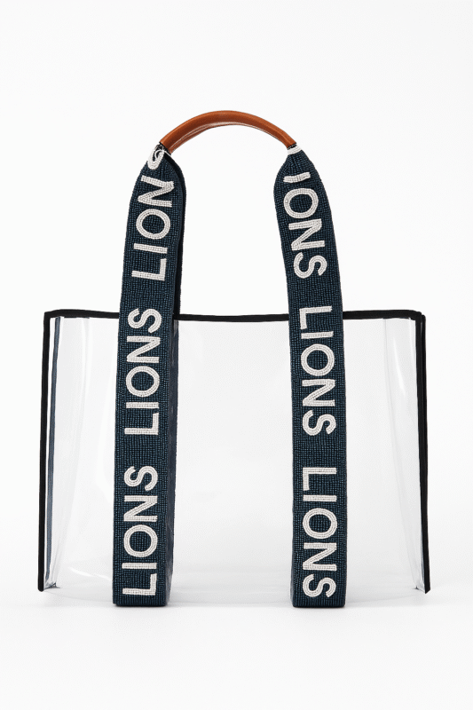 Transparent PVC tote bag with navy blue hand-beaded straps and brown leather handle — custom handcrafted by A&T Craft