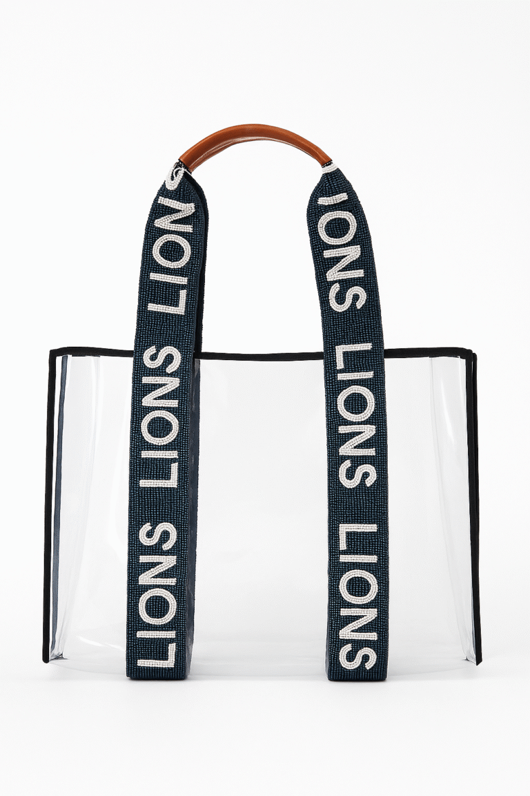 Transparent PVC tote bag with navy blue hand-beaded straps and brown leather handle — custom handcrafted by A&T Craft