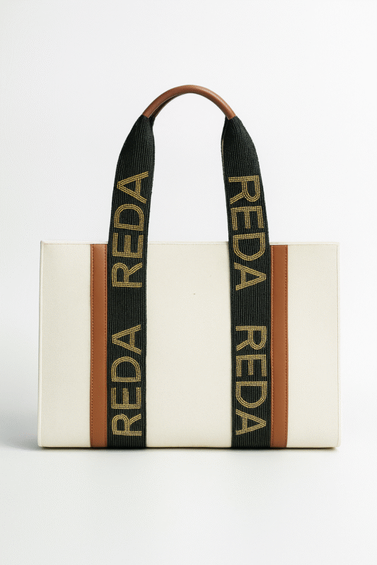 Customizable beaded tote bag with name text and leather trim options