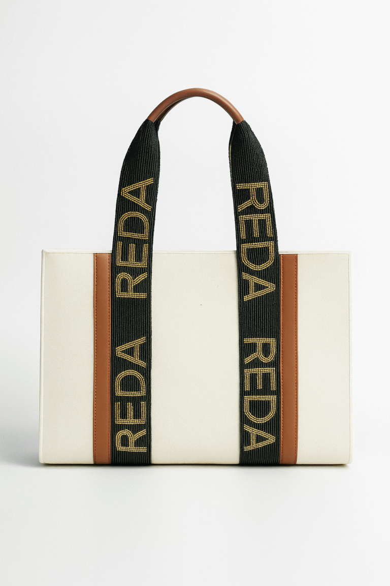 Customizable beaded tote bag with name text and leather trim options