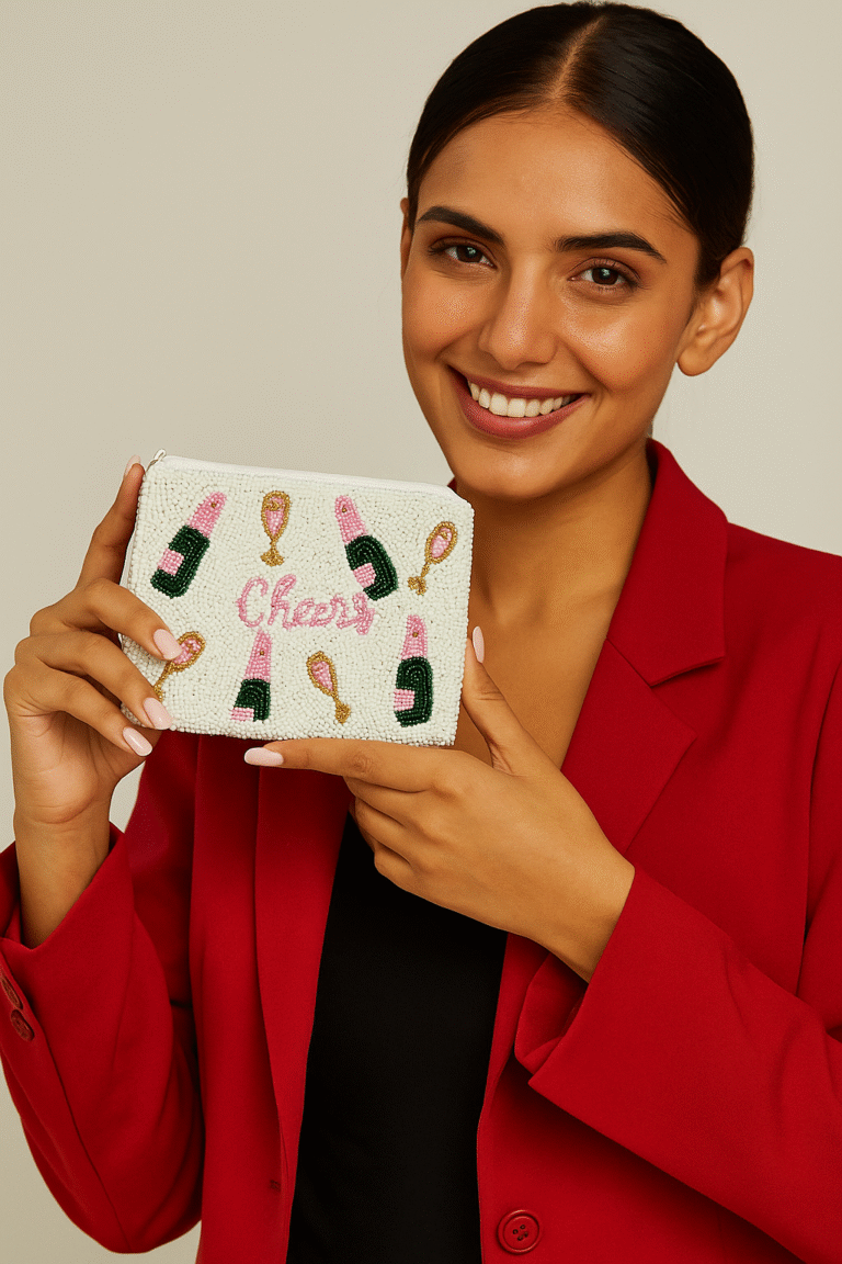 “Cheers Beaded Coin Purse – Handmade Beaded Champagne Design (4×5 Inches)”