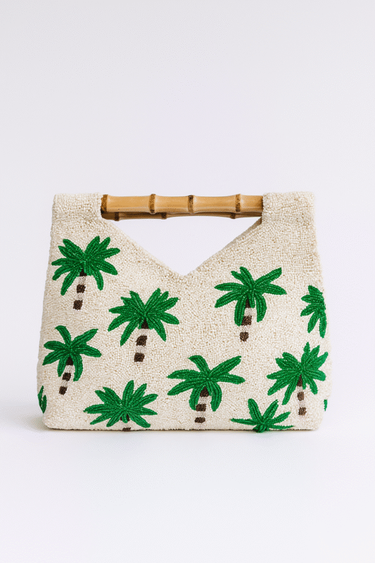 Hand-beaded palm tree clutch with bamboo handle — tropical beach style handmade clutch by A&T Craft