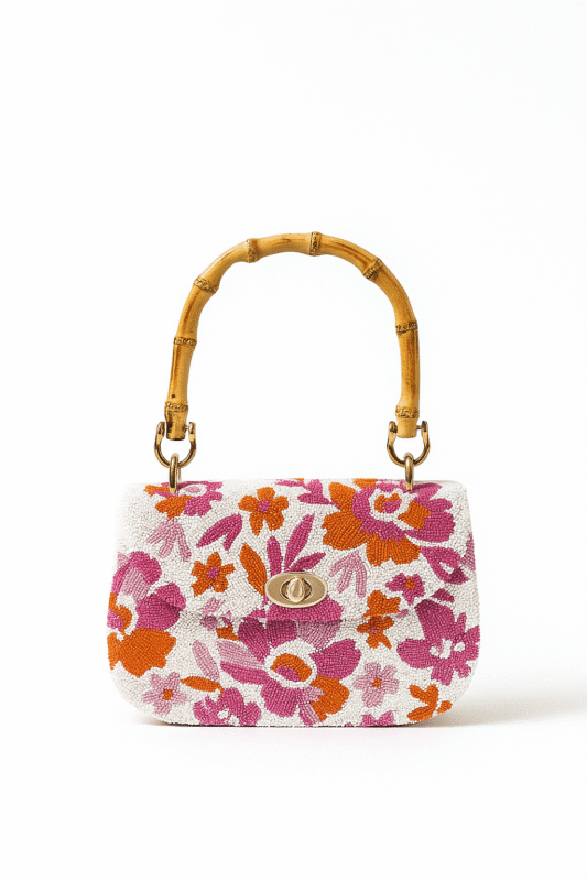 Handmade beaded floral handbag with bamboo handle — pink and orange tropical bloom bag by A&T Craft