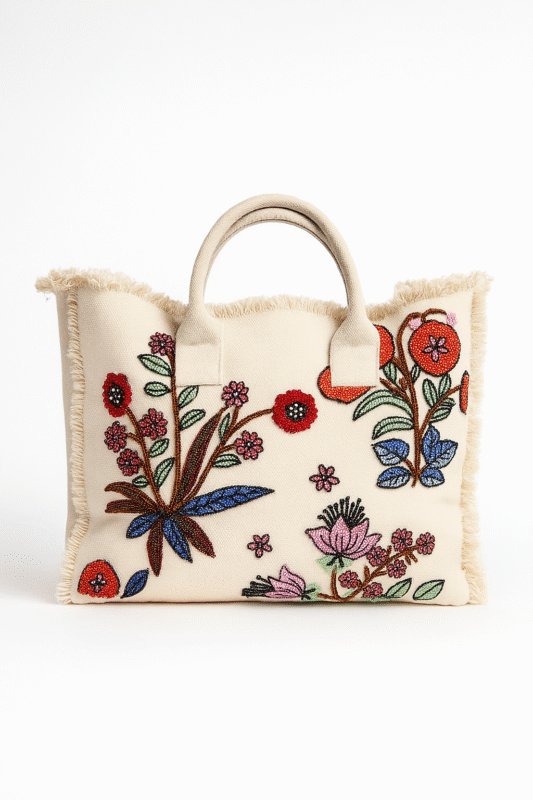 Handcrafted floral embroidered tote bag with fringed edges — beige boho handbag by A&T Craft
