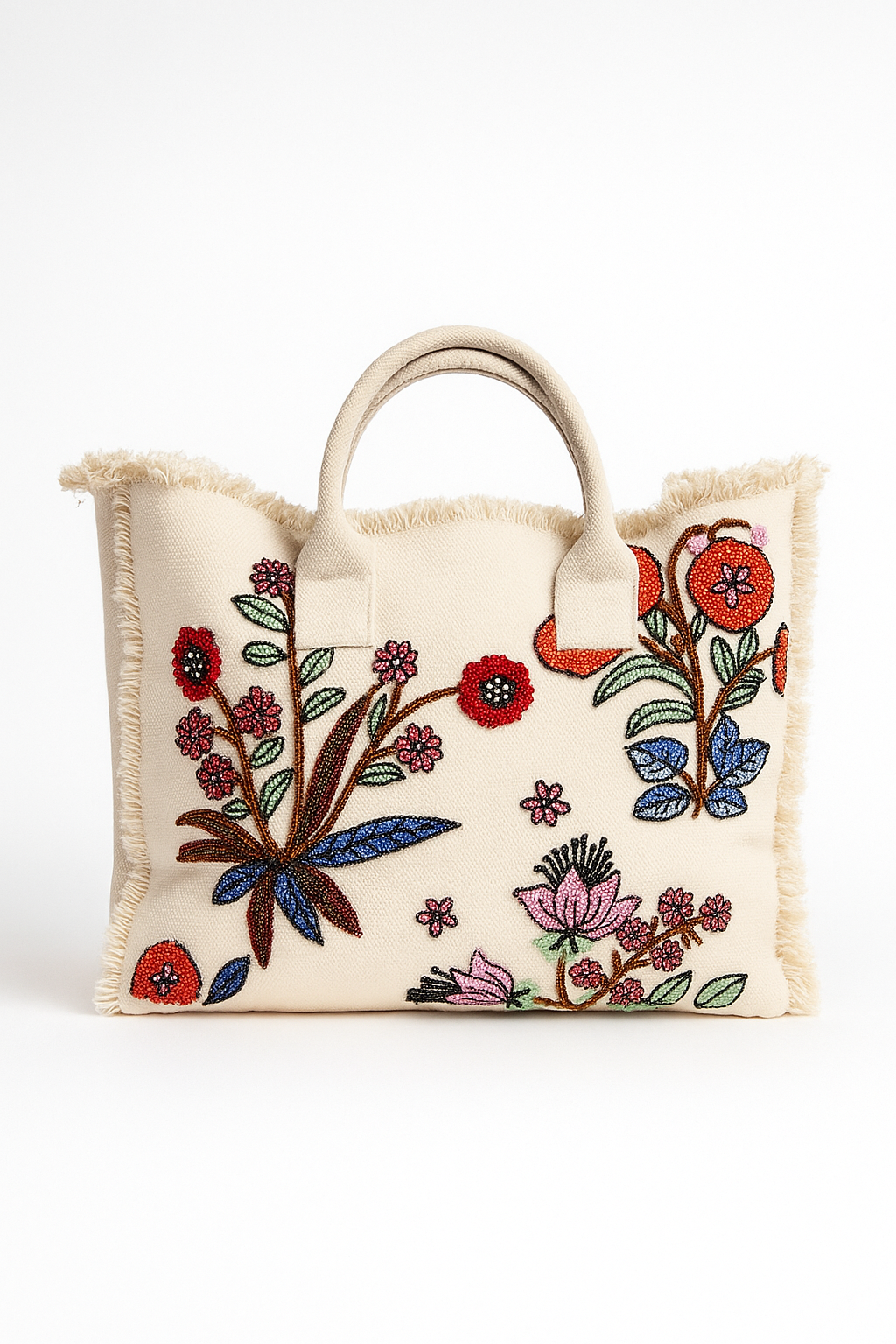 Boho Blossom Embroidered Tote Bag | Handmade Floral Canvas Bag by A&T Craft Handcrafted floral embroidered tote bag with fringed edges — beige boho handbag by A&T Craft